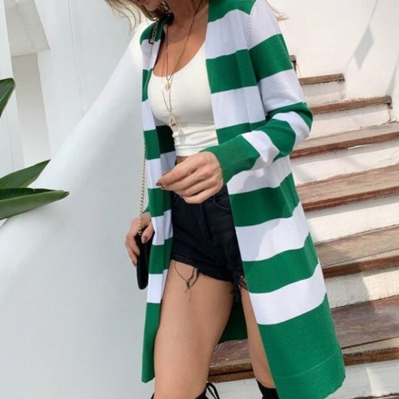 Sweaters - Colorblock stripes open front long Cardigan GREEN